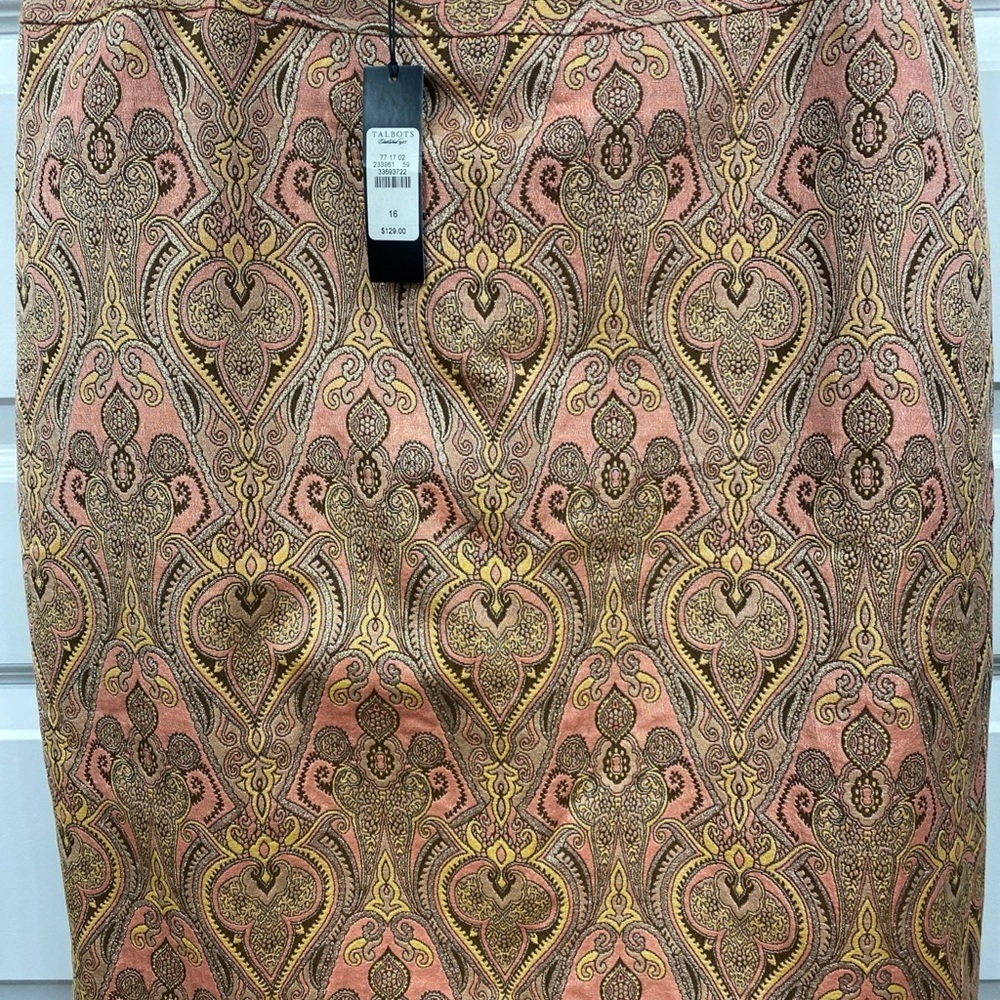 Romantic Retro Silk Blend Pencil Skirt Damask Paisley Workwear Classic 16 Peach - Picture 2 of 7